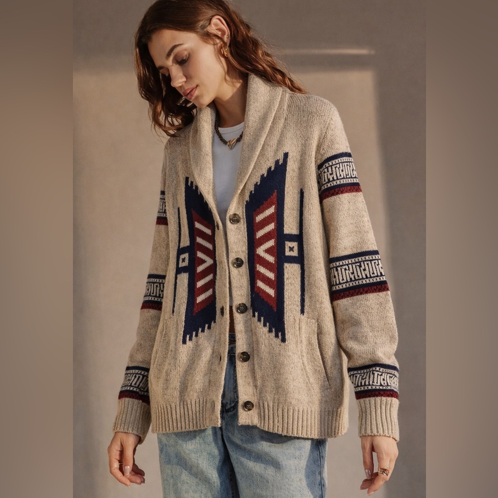 Koto Shawl Collar Southwestern Knit Cardigan Beige | Size M